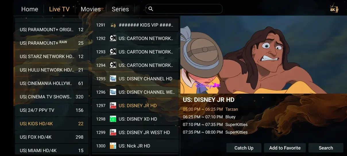 IPTV Smarters interface displaying live channels and TV guide