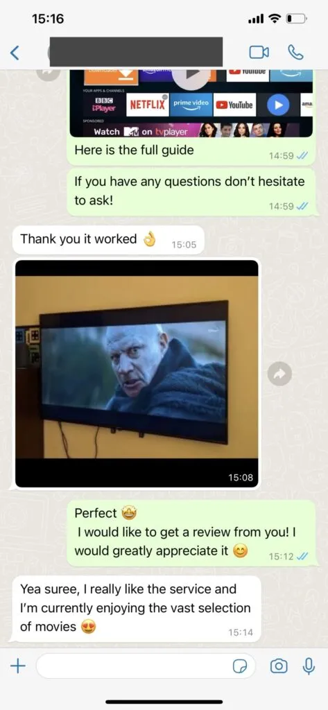 Real WhatsApp customer support experience and positive feedback 1 on Pro IPTV