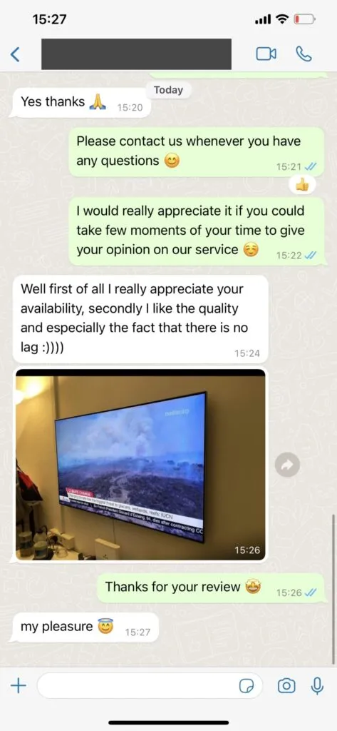 Real WhatsApp customer support experience and positive feedback 2 on Pro IPTV