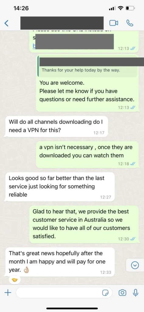 Real WhatsApp customer support experience and positive feedback 3 on Pro IPTV